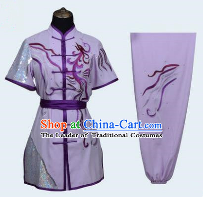 Top Grade Linen Martial Arts Costume Kung Fu Training Long Fist Clothing, Tai Ji Lilac Embroidery Uniform Gongfu Wushu Costume for Women for Men