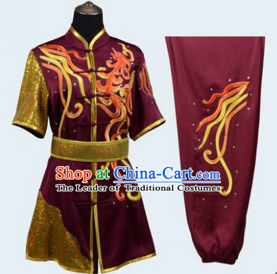 Top Grade Linen Martial Arts Costume Kung Fu Training Long Fist Clothing, Tai Ji Amaranth Embroidery Uniform Gongfu Wushu Costume for Women for Men