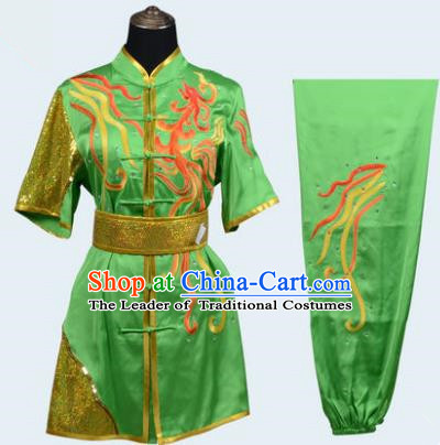 Top Grade Martial Arts Costume Kung Fu Training Long Fist Clothing, Tai Ji Green Embroidery Uniform Gongfu Wushu Costume for Women for Men