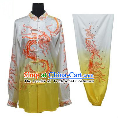 Top Grade Martial Arts Costume Kung Fu Training Gradient Yellow Clothing, Tai Ji Embroidery Dragon Long Fist Uniform Gongfu Wushu Costume for Women for Men