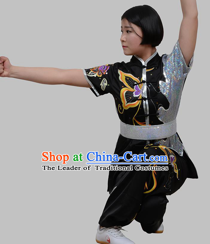Top Grade China Martial Arts Costume Kung Fu Training Embroidery Butterfly Clothing, Chinese Embroidery Tai Ji Black Uniform Gongfu Wushu Costume for Women