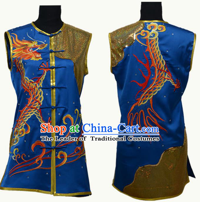 Top Grade Martial Arts Costume Kung Fu Training Blue Clothing, Tai Ji Embroidery Long Fist Uniform Gongfu Wushu Costume for Women for Men
