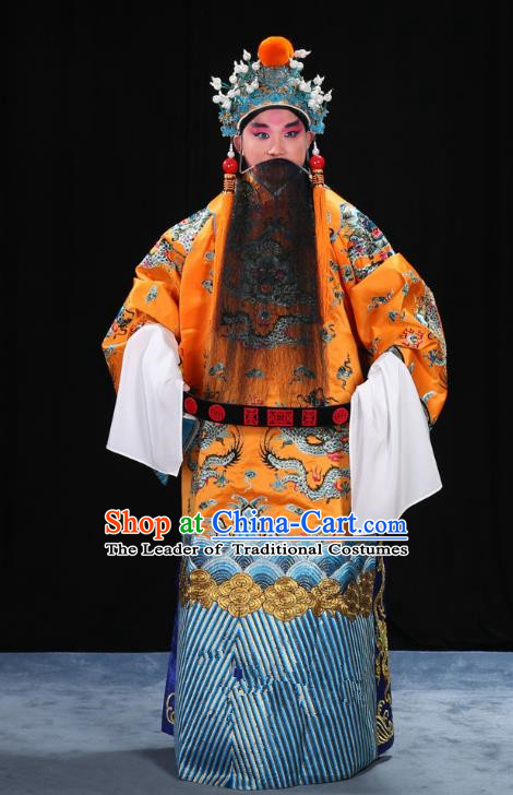 Top Grade Professional Beijing Opera Emperor Costume General Yellow Embroidered Robe and Belts, Traditional Ancient Chinese Peking Opera Royal Highness Embroidery Dragons Clothing
