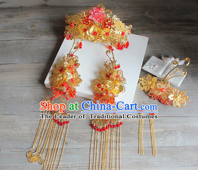 Traditional Handmade Chinese Ancient Classical Hair Accessories Barrettes Xiuhe Suit Hairpin Complete Set, Long Tassel Step Shake, Hanfu Hair Fascinators for Women