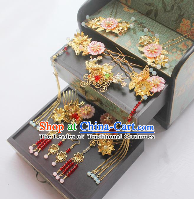 Traditional Handmade Chinese Ancient Classical Hair Accessories Barrettes Xiuhe Suit Red Beads Hair Comb Complete Set, Long Tassel Step Shake, Hanfu Hairpins Hair Fascinators for Women