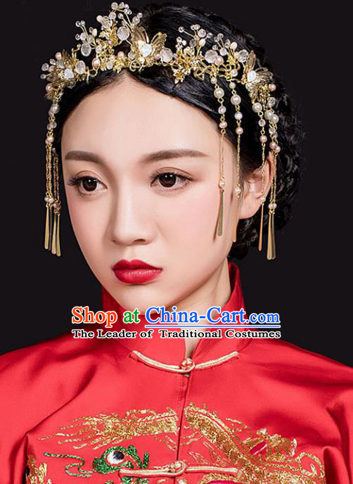 Traditional Handmade Chinese Ancient Classical Hair Accessories Barrettes Xiuhe Suit Phoenix Coronet Hair Clasp, Long Tassel Step Shake, Hanfu Hairpins Hair Fascinators for Women