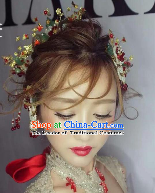 Traditional Handmade Chinese Ancient Classical Hair Accessories Barrettes Xiuhe Suit Flowers Hair Comb Complete Set, Long Tassel Step Shake, Hanfu Hairpins Hair Fascinators for Women