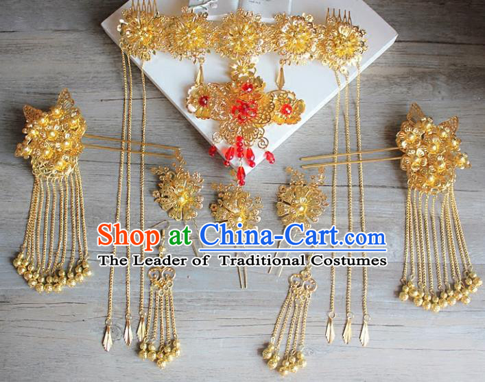 Traditional Handmade Chinese Ancient Classical Hair Accessories Barrettes Xiuhe Suit Golden Phoenix Coronet Complete Set, Hanfu Hairpins Hair Fascinators for Women