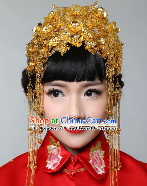 Traditional Handmade Chinese Ancient Classical Hair Accessories Barrettes Xiuhe Suit Cheongsam Tassel Golden Phoenix Coronet, Hanfu Hairpins Hair Fascinators for Women