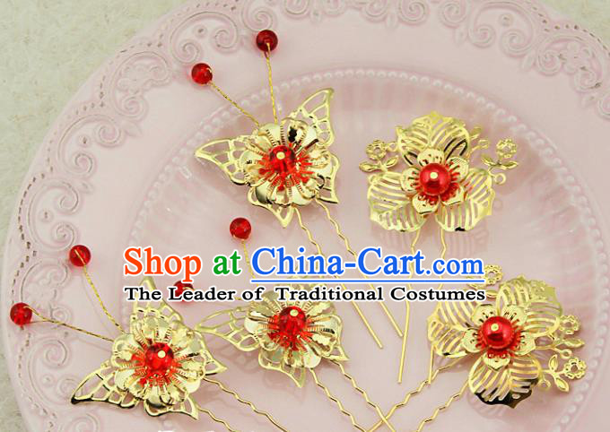 Traditional Handmade Chinese Ancient Classical Hair Accessories Barrettes Xiuhe Suit Cheongsam Golden Flowers Hair Stick, Hanfu Hairpins Hair Fascinators for Women