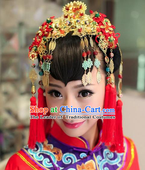Traditional Handmade Chinese Ancient Classical Hair Accessories Barrettes Xiuhe Suit Cheongsam Tassel Phoenix Coronet, Hanfu Hairpins Hair Fascinators for Women