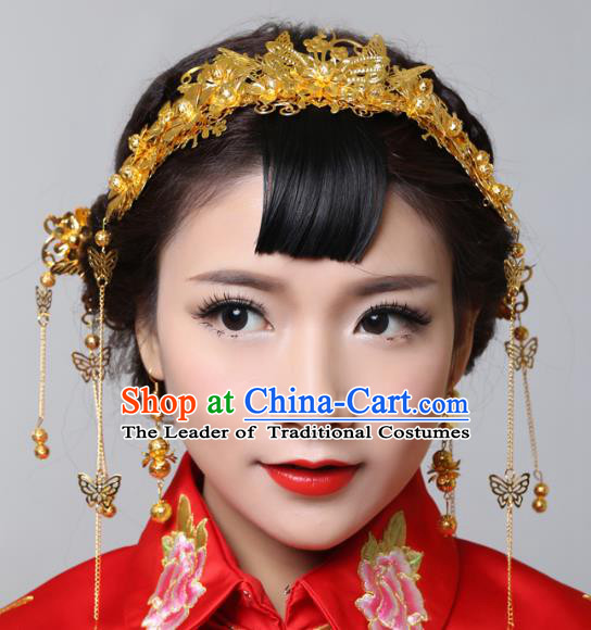 Traditional Handmade Chinese Ancient Classical Hair Accessories Barrettes Xiuhe Suit Cheongsam Golden Butterfly Tassel Hair Comb Complete Set, Hanfu Hairpins Hair Fascinators for Women