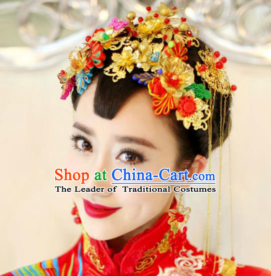 Traditional Handmade Chinese Ancient Classical Hair Accessories Barrettes Xiuhe Suit Cheongsam Tassel Hair Comb Phoenix Coronet Complete Set, Hanfu Hairpins Hair Fascinators for Women