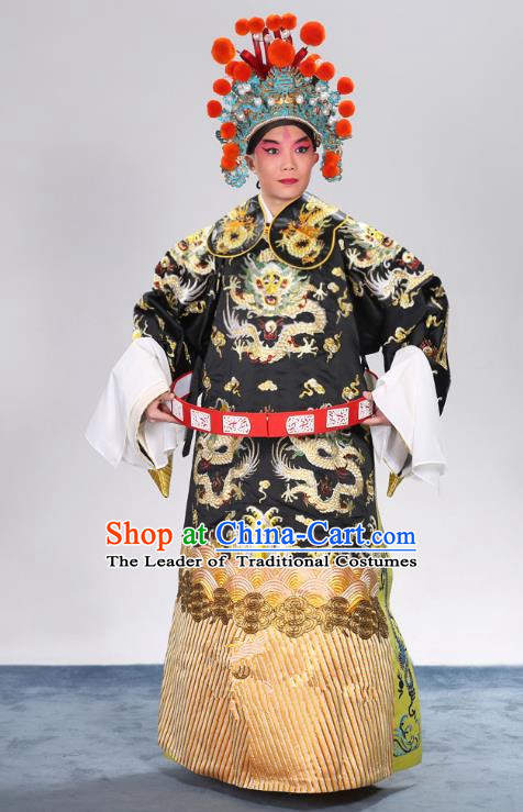 Top Grade Professional Beijing Opera Emperor Costume General Black Embroidered Robe and Belts, Traditional Ancient Chinese Peking Opera Royal Highness Embroidery Dragons Clothing
