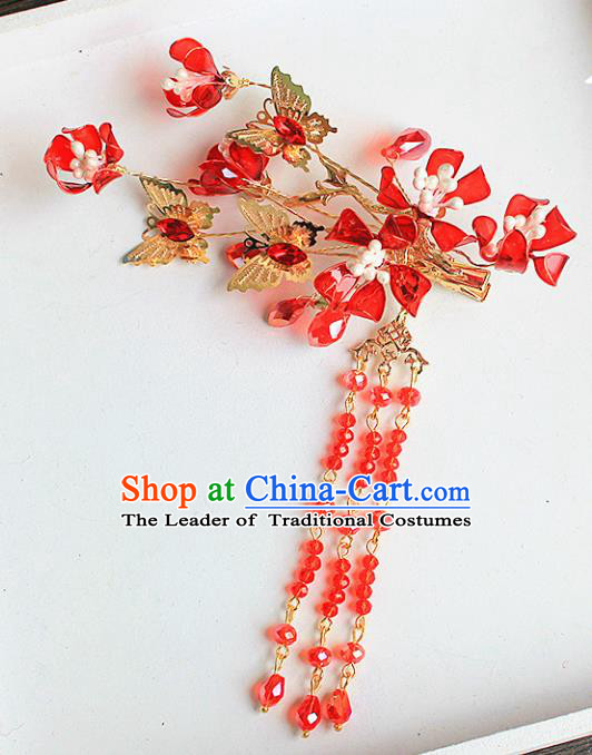 Traditional Handmade Chinese Ancient Classical Hair Accessories Xiuhe Suit Cheongsam Red Beads Tassel Hair Stick, Hanfu Hairpins Hair Fascinators for Women
