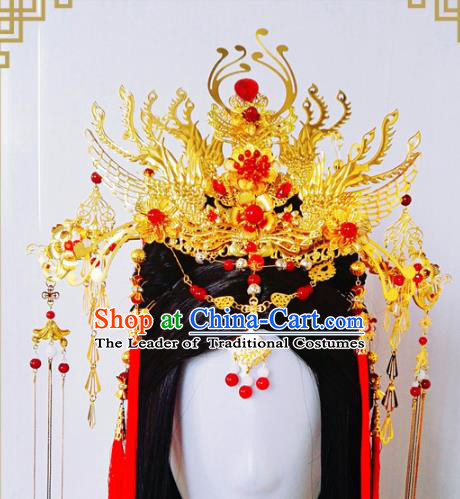 Traditional Handmade Chinese Ancient Classical Wedding Hair Accessories Bride Phoenix Coronet, Hair Jewellery Hair Fascinators for Women