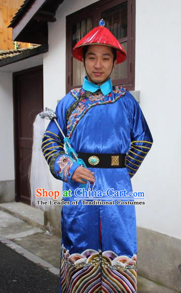 Top Grade Professional Beijing Opera Costume Qing Dynasty County Magistrate Blue Embroidered Robe, Traditional Ancient Chinese Peking Opera Manchu Minister Embroidery Gwanbok Clothing