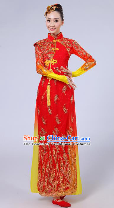 Traditional Chinese Folk Dance Costume Yangge Dance Red Dress, Chinese Classical Fan Dance Umbrella Dance Yangko Embroidery Clothing for Women