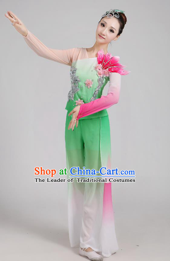 Traditional Chinese Folk Dance Costume Yangge Dance Green Jasmine Flower Uniform, Chinese Classical Fan Dance Drum Dance Yangko Clothing for Women