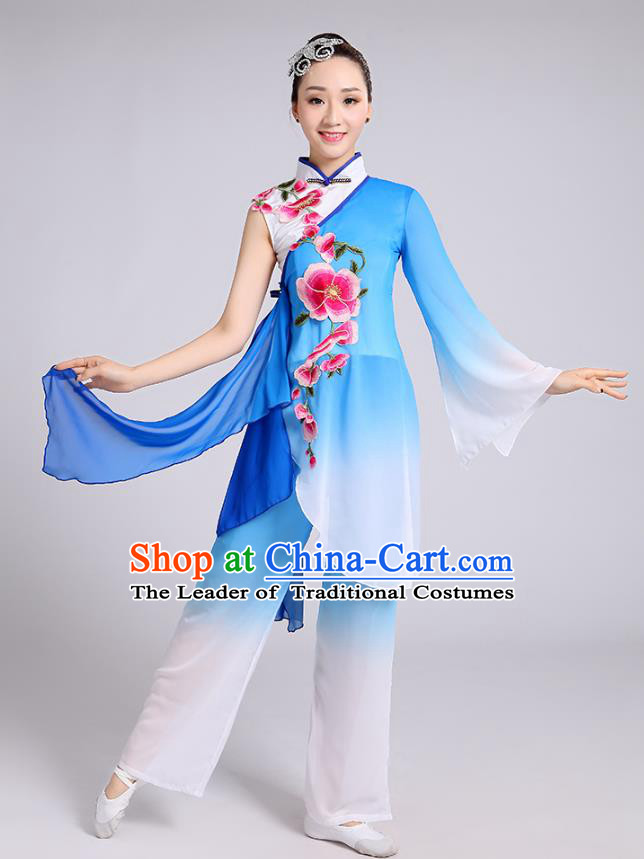 Traditional Chinese Classical Dance Yangge Fan Dance Costume, Chinese Classical Umbrella Dance Blue Uniform Yangko Embroidery Clothing for Women