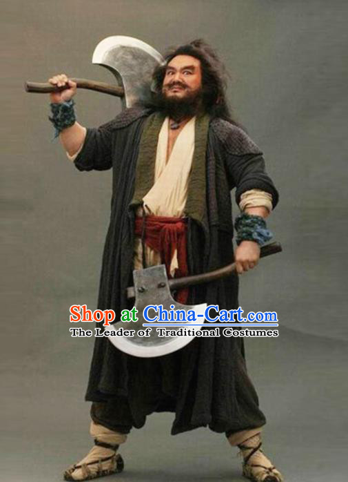 Traditional Chinese Ancient Water Margin Swordsman Costume, Chinese Song Dynasty Bandit Hero Li Kui Clothing for Men
