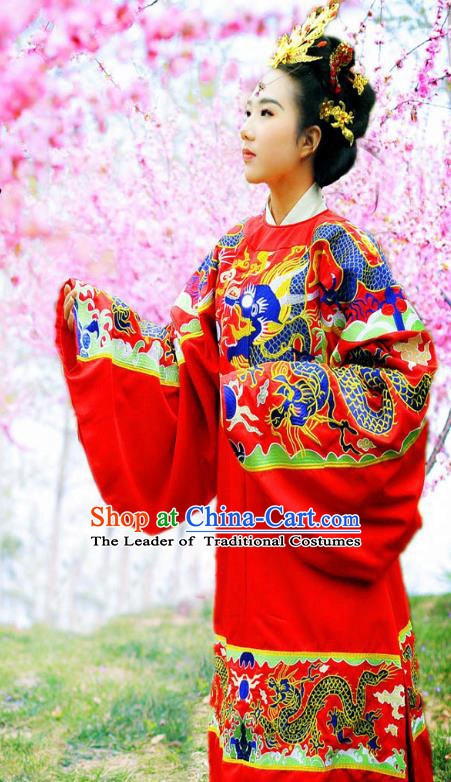 Traditional Ancient Chinese Imperial Empress Wedding Red Costume Complete Set, Elegant Hanfu Clothing Chinese Ming Dynasty Queen Bride Embroidered Clothing