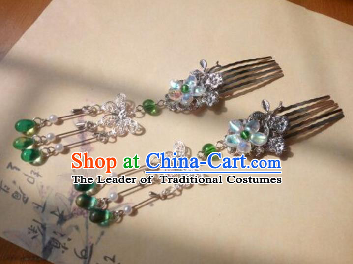 Traditional Handmade Chinese Ancient Classical Palace Lady Hair Accessories Hanfu Green Beads Tassel Hair Comb, Hair Fascinators Hairpins for Women