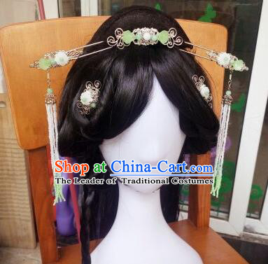 Traditional Handmade Chinese Ancient Classical Hanfu Hair Accessories Palace Lady Green Step Shake Complete Set, Princess Hairpins Hair Comb Headwear for Women