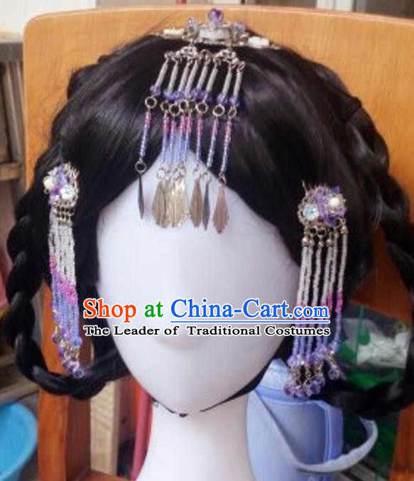 Traditional Handmade Chinese Ancient Classical Hanfu Hair Accessories Hair Comb, Princess Palace Lady Tassel Step Shake Hairpins Headwear for Women