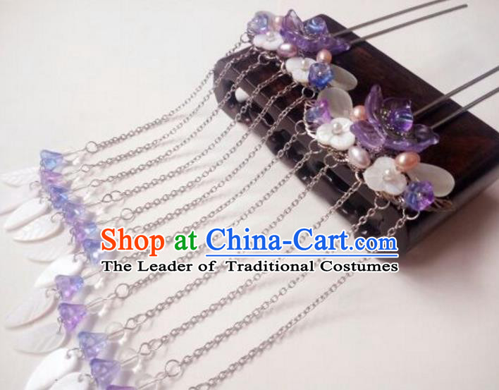 Traditional Handmade Chinese Ancient Classical Hair Accessories Tassel Shell Hairpin Purple Step Shake Headwear Hair Stick for Women