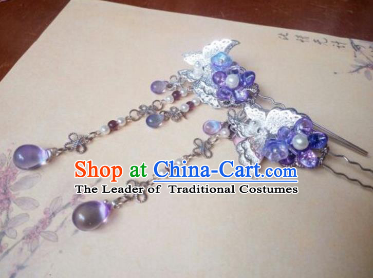 Traditional Handmade Chinese Ancient Classical Hair Accessories Purple Flowers Hairpins Tassel Step Shake for Women