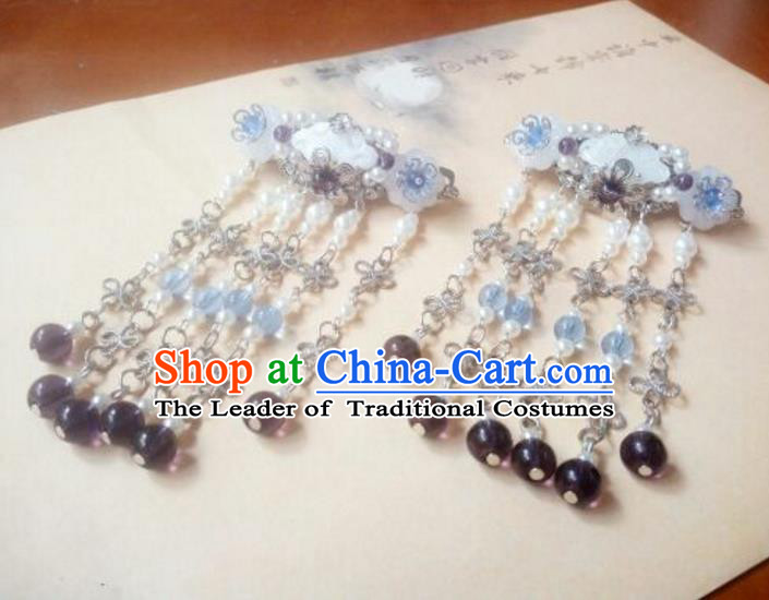 Traditional Handmade Chinese Ancient Classical Hair Accessories Hairpins Blue Shell Beads Tassel Hair Comb Headwear for Women