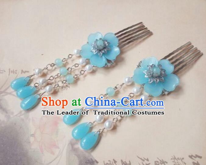 Traditional Handmade Chinese Ancient Classical Hanfu Hair Accessories Blue Flower Tassel Hair Comb, Princess Palace Lady Hairpins Hair Stick for Women