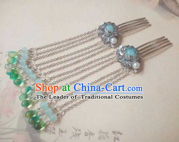 Traditional Handmade Chinese Ancient Classical Hanfu Hair Accessories Green Beads Tassel Hair Comb, Princess Palace Lady Hairpins Hair Stick for Women