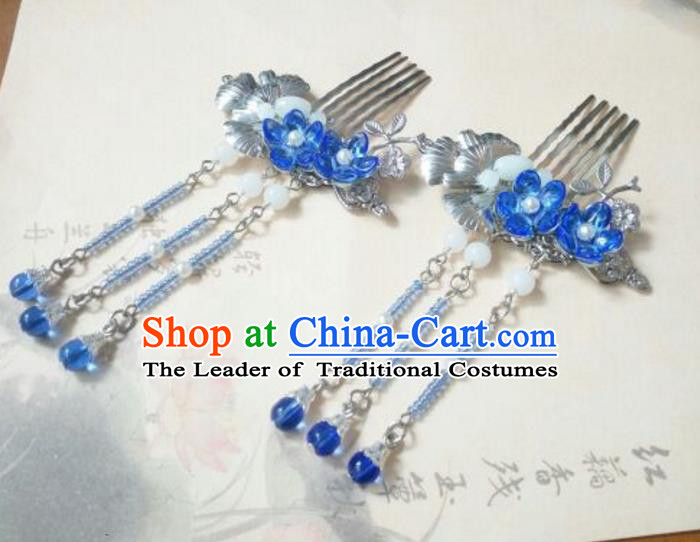 Traditional Handmade Chinese Ancient Classical Hanfu Hair Accessories Tassel Hairpins, Princess Palace Lady Blue Tassel Hair Comb for Women