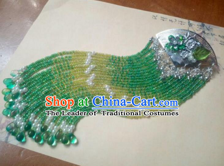Traditional Handmade Chinese Ancient Classical Hanfu Hair Accessories Green Beads Tassel Hairpins, Princess Headpiece Hair Claw Hair Stick for Women