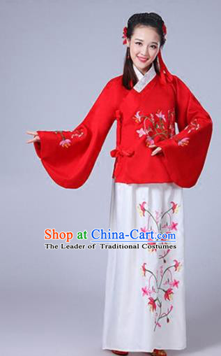 Traditional Asian Oriental China Costume Embroidery Wintersweet Red Blouse and Skirt Complete Set, Chinese Ming Dynasty Imperial Princess Embroidered Clothing for Women