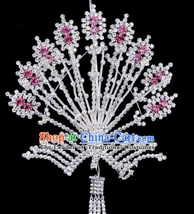 Traditional Beijing Opera Diva Hair Accessories Pink Crystal Phoenix Hairpins, Ancient Chinese Peking Opera Hua Tan Tassel Step Shake Hair Stick Headwear