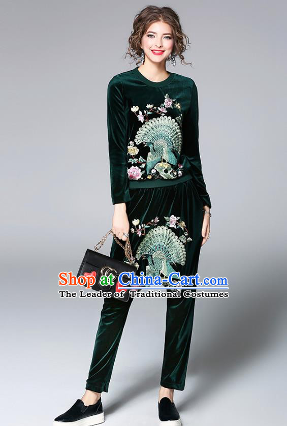 Traditional Top Grade Asian Chinese Costumes Classical Embroidery Shirt and Pants, China National Green Pleuche Suit for Women