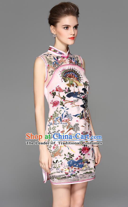 Traditional Top Grade Asian Chinese Costumes Classical Embroidery Cheongsam, China National Pink Chirpaur Dress Qipao for Women