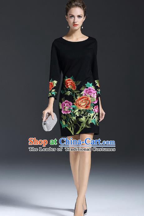Top Grade Asian Chinese Costumes Classical Embroidery Peony Dress, Traditional China National Black Chirpaur Qipao for Women