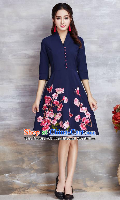 Top Grade Asian Chinese Costumes Classical Embroidery Flowers Navy Dress, Traditional China National Slant Opening Chirpaur Qipao for Women