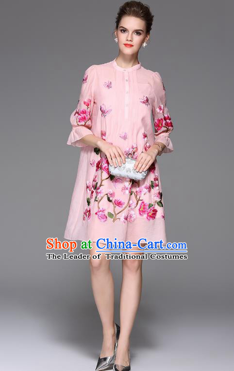 Top Grade Asian Chinese Costumes Classical Embroidery Two-piece Dress, Traditional China National Embroidered Mandarin Sleeve Pink Chirpaur Qipao for Women