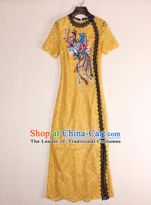 Top Grade Asian Chinese Costumes Classical Embroidery Phoenix Yellow Lace Dress, Traditional China National Embroidered Chirpaur Qipao for Women