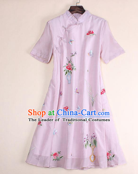 Top Grade Asian Chinese Costumes Classical Embroidery Pink Dress Silk Cheongsam, Traditional China National Embroidered Chirpaur Qipao for Women