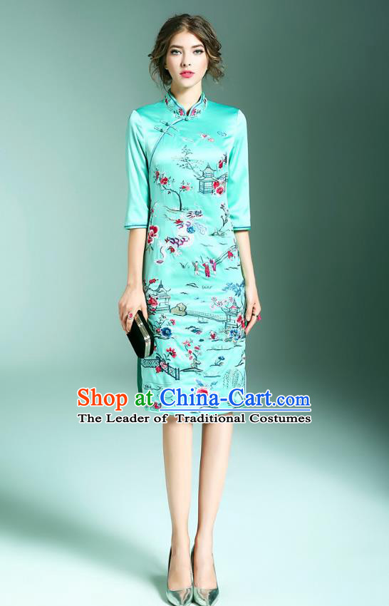 Top Grade Asian Chinese Costumes Classical Embroidery Stand Collar Green Cheongsam, Traditional China National Embroidered Plated Buttons Chirpaur Qipao for Women