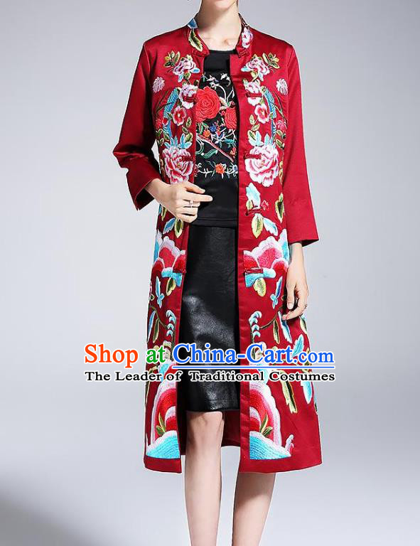 Top Grade Asian Chinese Costumes Classical Embroidery Red Satin Plated Buttons Cheongsam, Traditional China National Dust Coat Embroidered Peony Chirpaur Clothing for Women