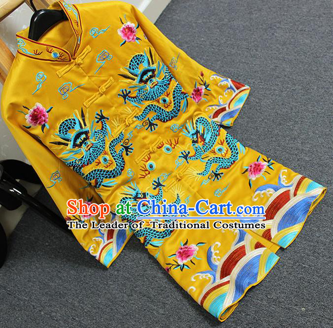Traditional Top Grade Asian Chinese Costumes Classical Embroidery Dragons Yellow Coat, China National Plated Buttons Dust Coat for Women