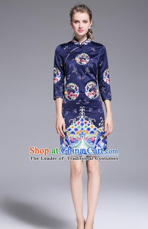 Top Grade Asian Chinese Costumes Classical Embroidery Plated Buttons Navy Cheongsam, Traditional China National Slant Opening Embroidered Chirpaur Clothing for Women