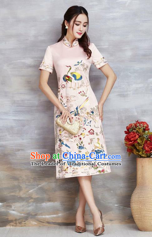 Top Grade Asian Chinese Costumes Classical Embroidery Cranes Cheongsam, Traditional China National Pink Chirpaur Dress Satin Qipao for Women